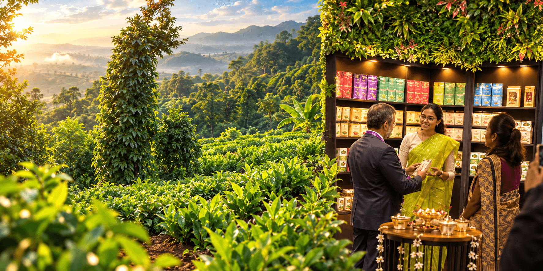 Supplied montage of a Knuckles Valley event with guests in conversation beside a sunlit Sri Lankan plantation