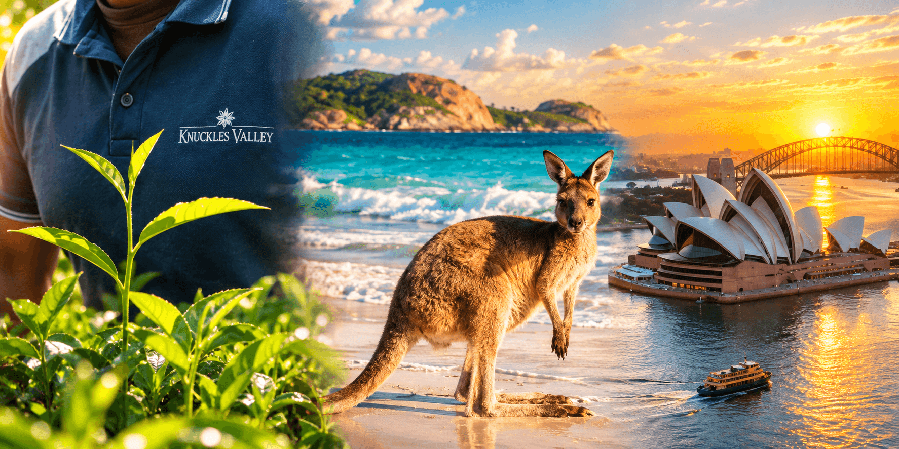 Supplied Australian montage of Knuckles Valley branding, coastal scenery, a kangaroo and Sydney Harbour