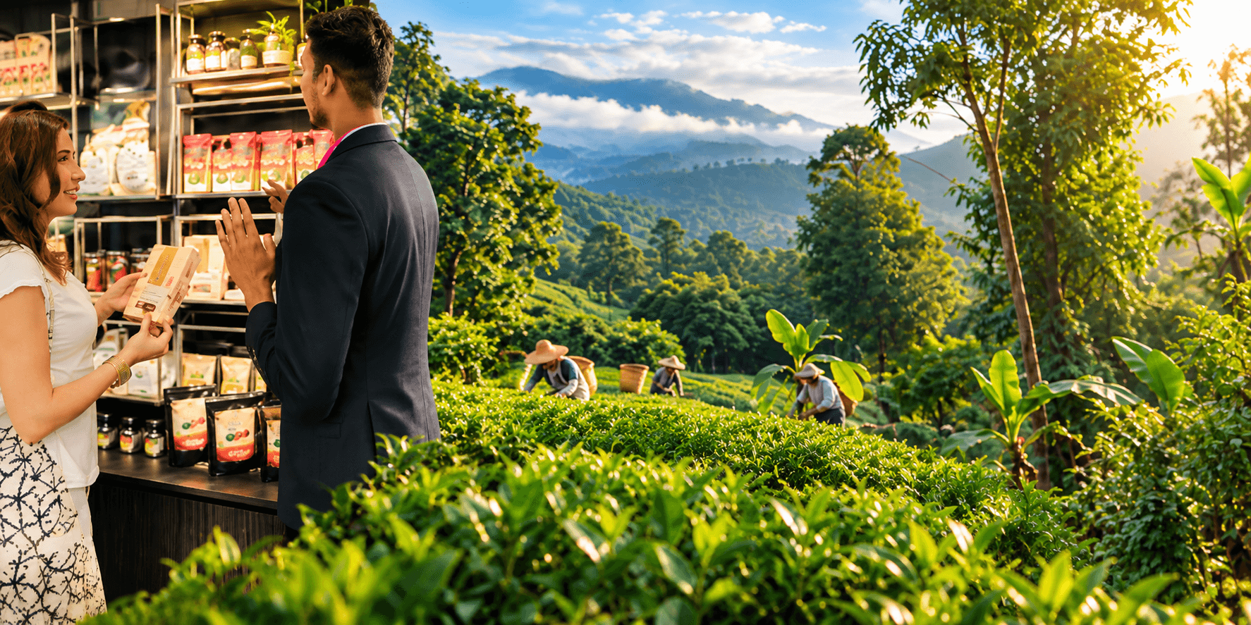 Supplied montage of a Knuckles Valley team member speaking with a visitor beside a lush Sri Lankan plantation landscape