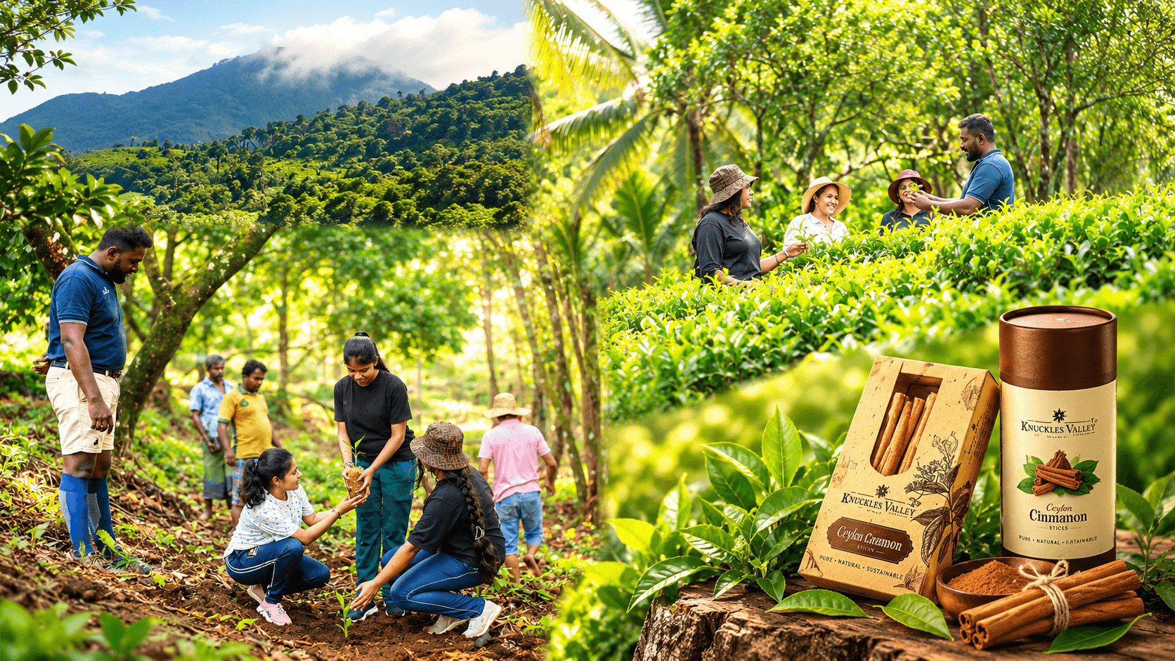 Supplied montage of Sri Lankan mountains, plantation visits, the Knuckles Valley team planting a sapling and cinnamon